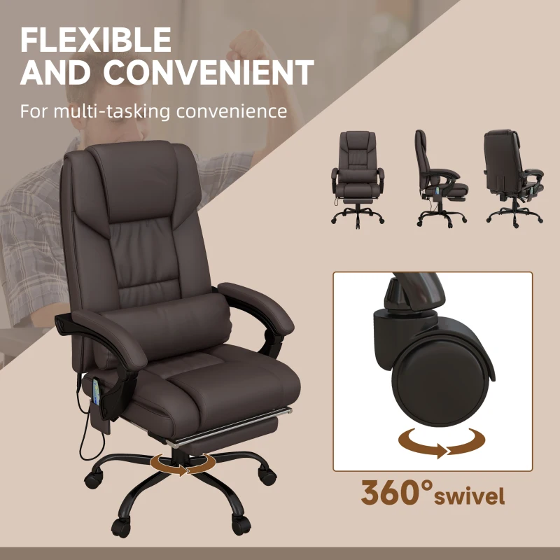 Vinsetto 6-Point Vibration Massage Chair, Height Adjustable Reclining Computer Chair with Retractable Footrest, Brown