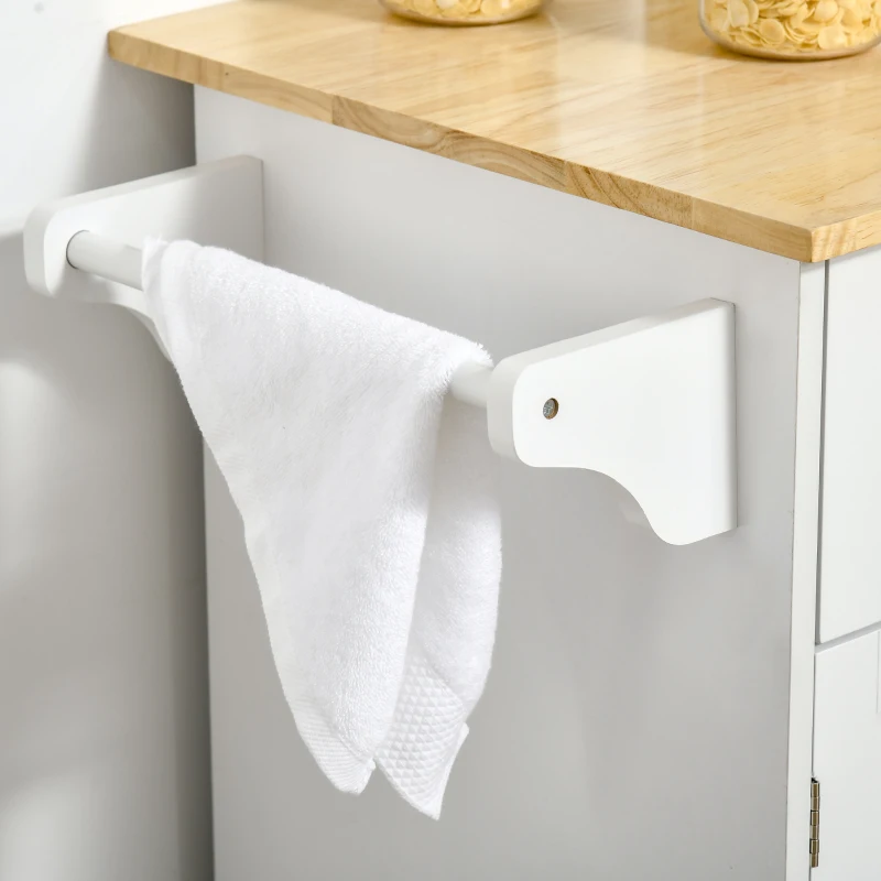 HOMCOM Rolling Kitchen Island with Storage Drawers, Kitchen Cart with Rubber Wood Top, Cabinet & Towel Rack, White