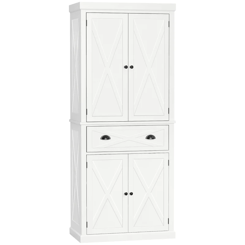 HOMCOM 72.5" Kitchen Pantry Cabinet, Freestanding Storage Cabinet with 4 Doors, Drawer and Adjustable Shelves, White