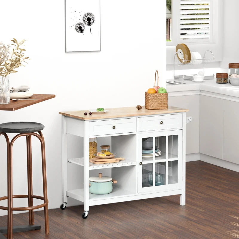 HOMCOM Kitchen Cart on Wheels, Utility Storage Island with Rubber Wood Top, Towel Rack, Cabinets, Drawers, White