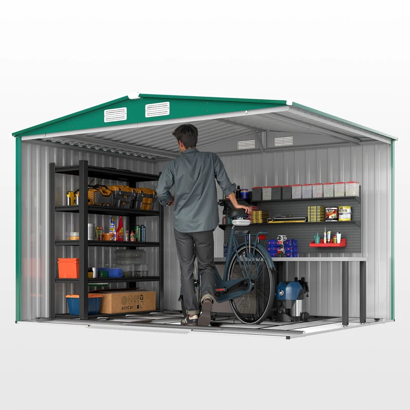Outsunny 8.5' x 6.8' x 5.8' Practical Backyard Garden Storage Tool Shed Double Sliding Door 4 Ventilation Slots, Green