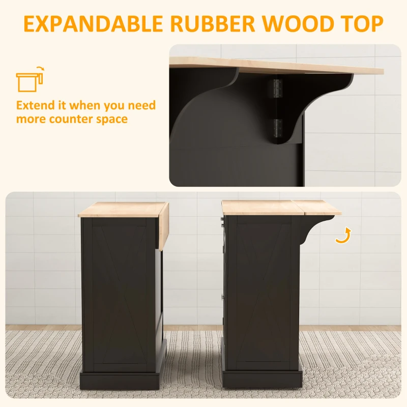 HOMCOM Kitchen Island with Drop Leaf, Rolling Kitchen Cart with 2 Drawers, Adjustable Shelves and Wood Countertop, Black