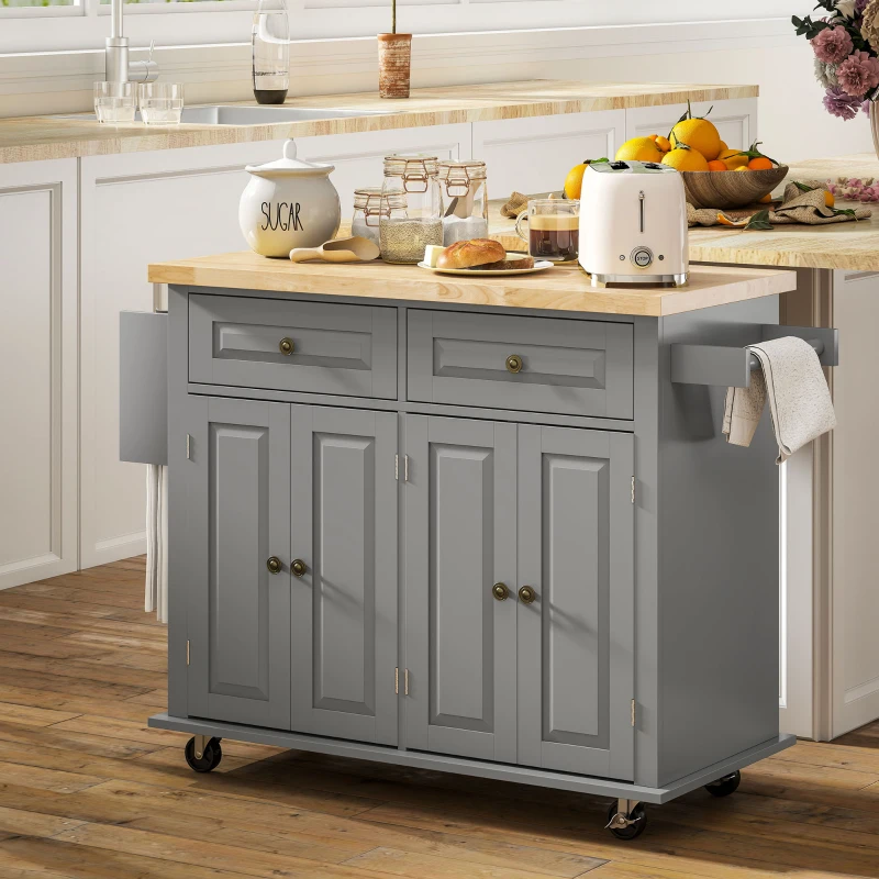 HOMCOM Kitchen Island with Storage, Rolling Trolley Cart with Rubber Wood Top, Spice Rack, Towel Rack, Grey
