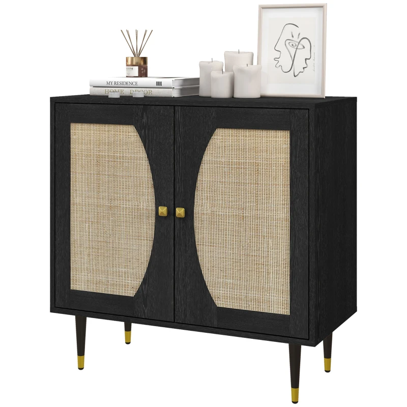HOMCOM Boho Buffet Cabinet with Adjustable Shelf and Rattan Decorated Doors, TV Cabinet for TV up to 42 Inches, Black