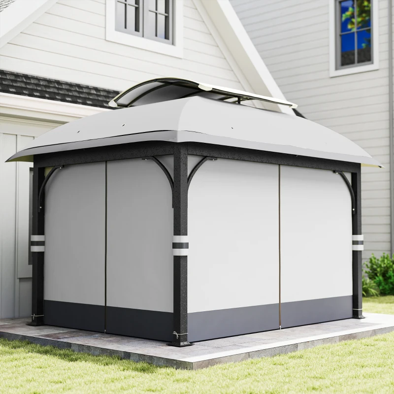 Outsunny 11' x 13' Patio Gazebo, Double Roof Outdoor Gazebo Canopy with Netting & Curtains, Galvanized Metal Frame, Light Grey