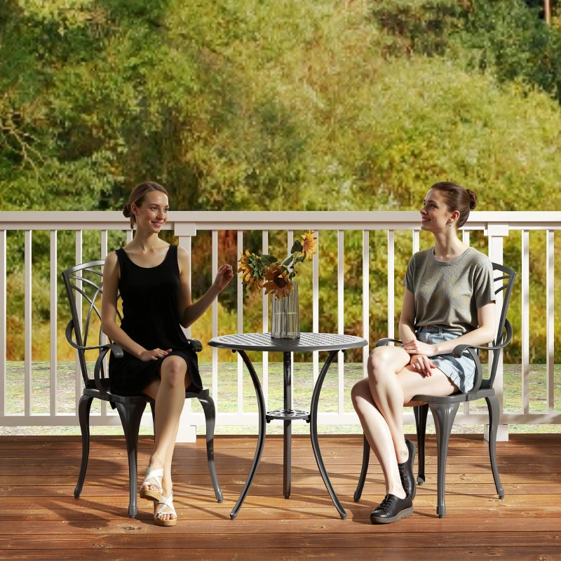 Outsunny 3 Pieces Patio Bistro Set, Cast Aluminum Outdoor Conversation Furniture Set, Coffee Table with Umbrella Hole, 2 Armchairs, Brown