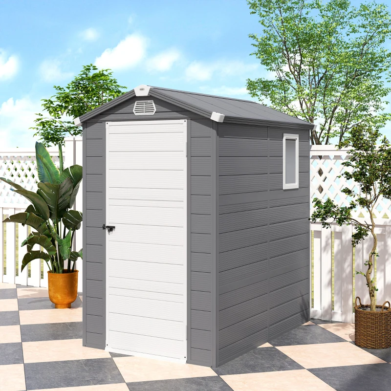 Outsunny 4.5' x 6' Garden Storage Shed with Latch Door, Vents, Sloped Roof, Light Grey