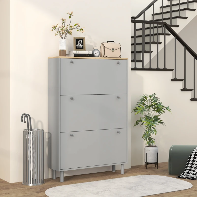 HOMCOM Entryway Shoe Storage Small Modern Flip-Flop Shoe Cabinet with 3 Flip Drawers Adjustable Shelves for 24 Pairs of Shoes, Grey