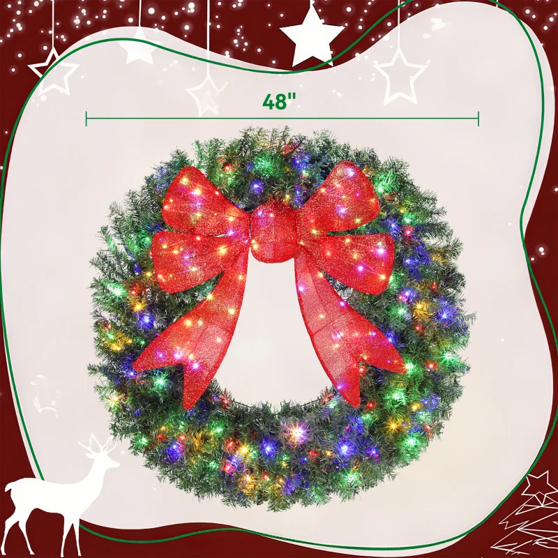 HOMCOM 48in Pre-Lit Christmas Wreath with 3D Red Bow, 11 Lighting Modes, Front Door Christmas Wreath with Remote
