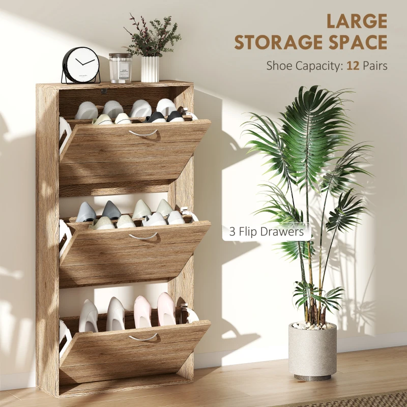 HOMCOM Shoe Storage Cabinet with 3 Flip Drawers, Narrow and Slim, 12 Pair of Shoes Organizer for Hallway, Entryway, Oak