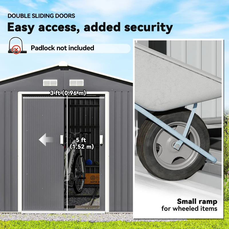 Outsunny 9' x 10.6' Garden Storage Shed w/ Foundation Kit Metal Tool Storage House w/ Double Doors Light Grey