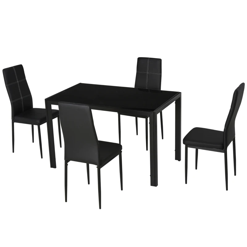 HOMCOM 5-Piece Rectangular Glass Kitchen Table and Chairs with Metal Frame and Faux Leather Upholstery for Dining Room, Black