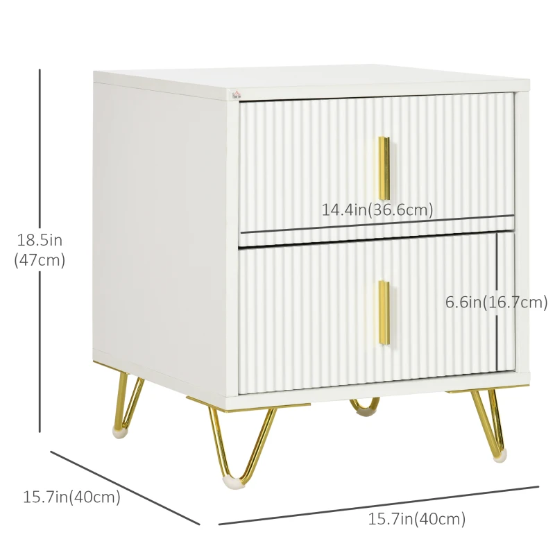 HOMCOM Bedside Table, Modern Nightstand with 2 Drawers, Side End Table with Metal Legs for Living Room, Bedroom, White
