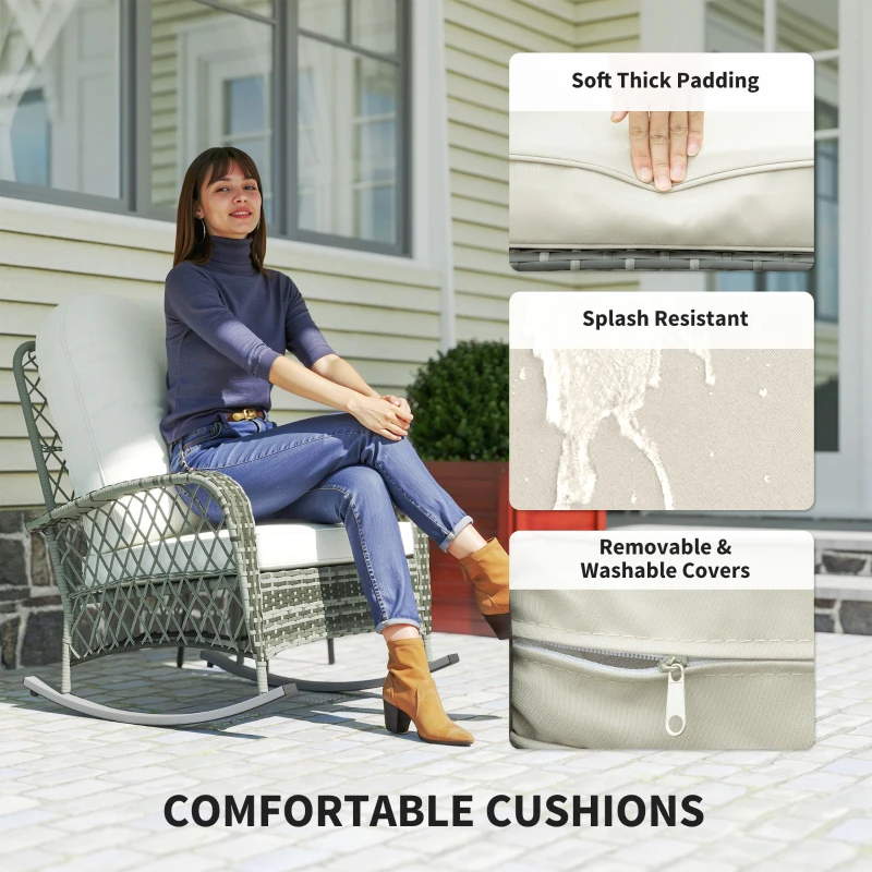 Outsunny Rattan Rocking Chair, Outdoor Wicker Patio Rocker Chair Furniture with Thick Cushions, for Garden Backyard Porch, Khaki