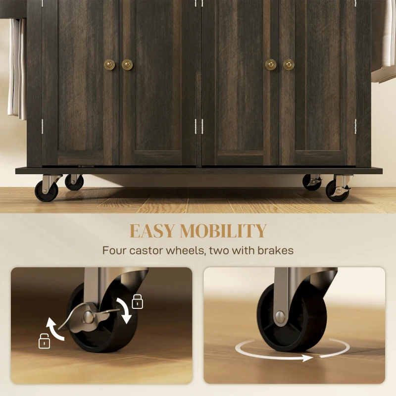 HOMCOM Kitchen Island with Storage, Rolling Trolley Cart with Rubber Wood Top, Spice Rack, Towel Rack, Brown Oak