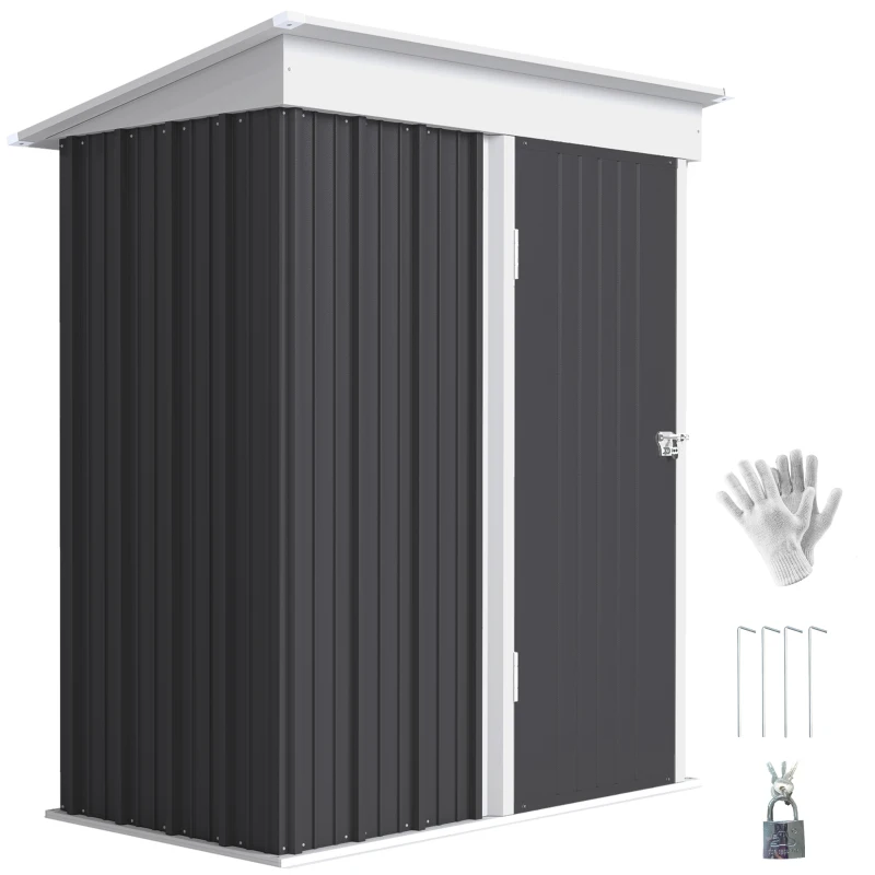Outsunny Outdoor Storage Shed, Steel Lean-to Shed with Adjustable Shelf, Lock, Gloves, 5'x3'x6', Dark Grey