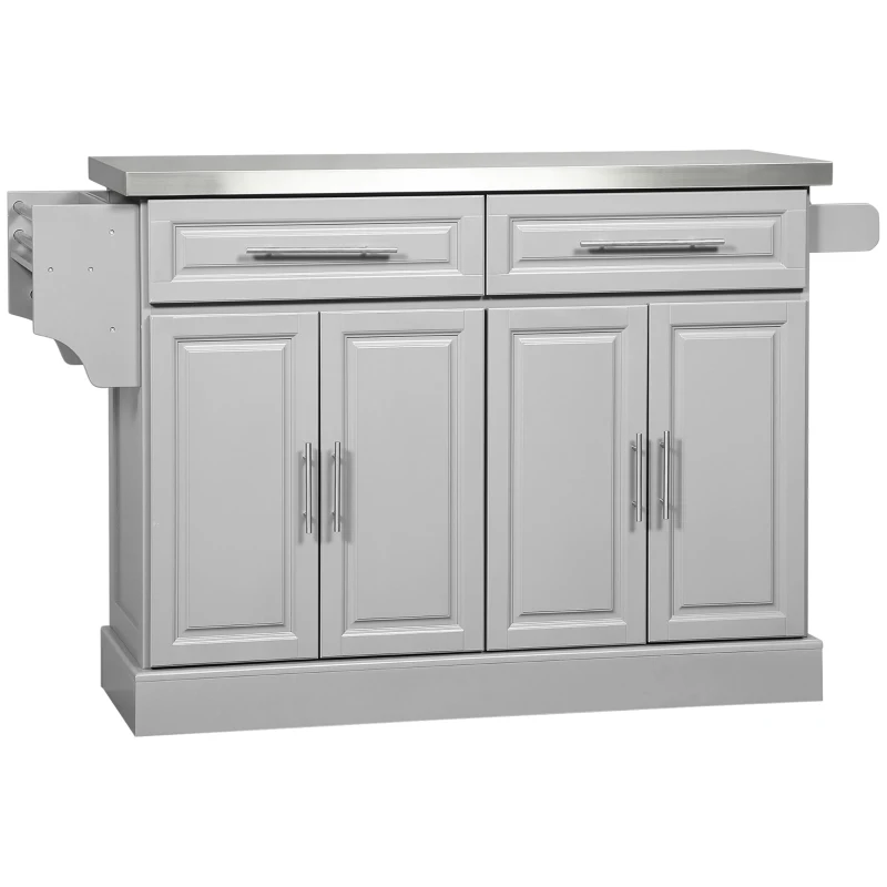 HOMCOM Rolling Kitchen Island with Storage and Stainless Steel Top, Kitchen Trolley with Drawers, Cabinets, Towel Rack