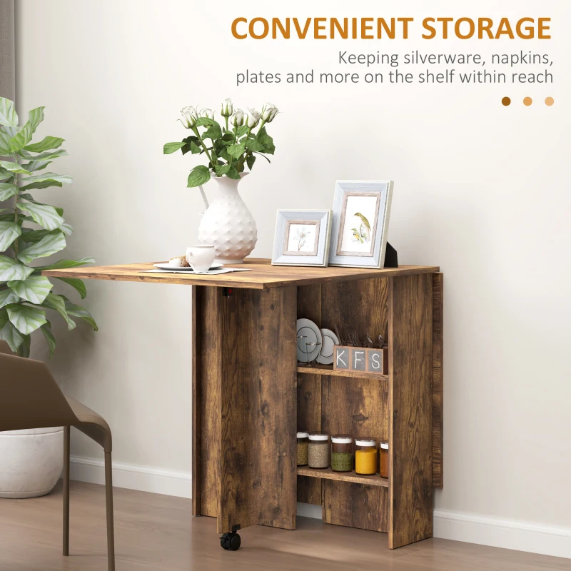 HOMCOM Extendable Dining Table, Collapsible Folding Table w/ 2-tier Shelves and Rolling Casters, Rustic Brown