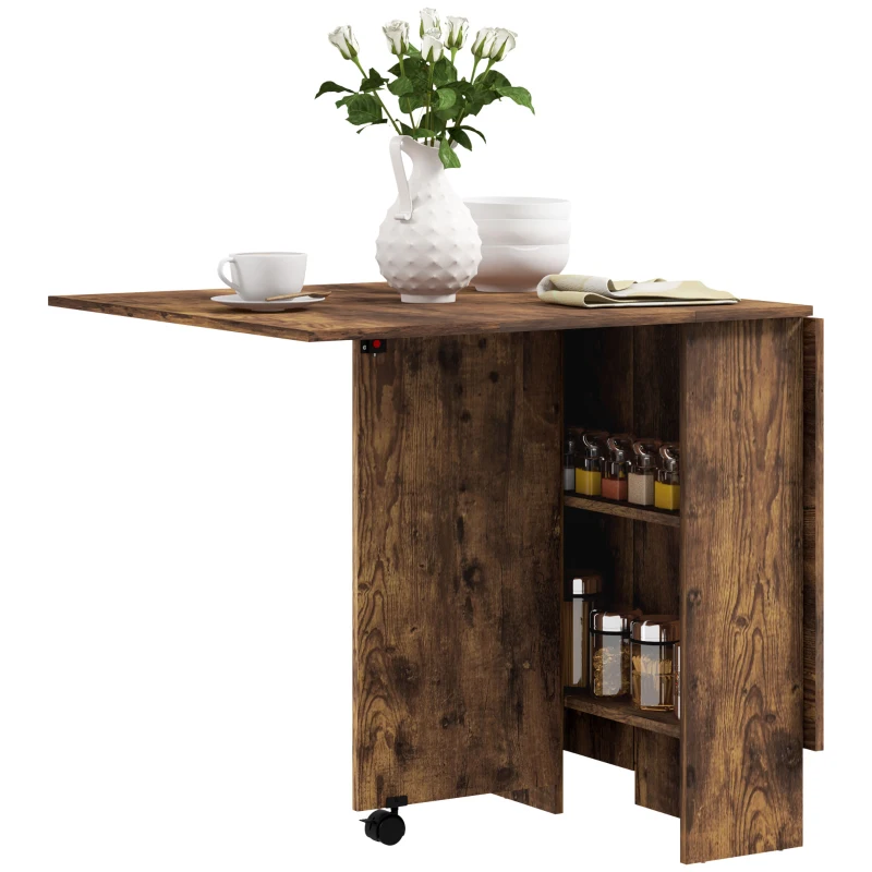 HOMCOM Extendable Dining Table, Collapsible Folding Table w/ 2-tier Shelves and Rolling Casters, Rustic Brown