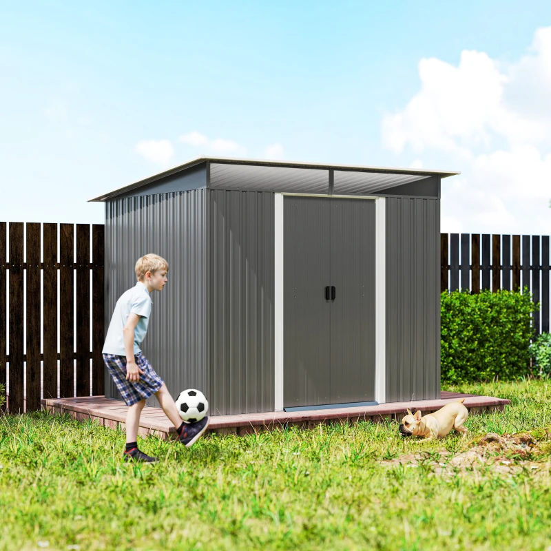 Outsunny 8.5' x 6' Small Gardening Shed Lockable Steel Utility Storage Outdoor Backyard Garden for Gardeners, Grey