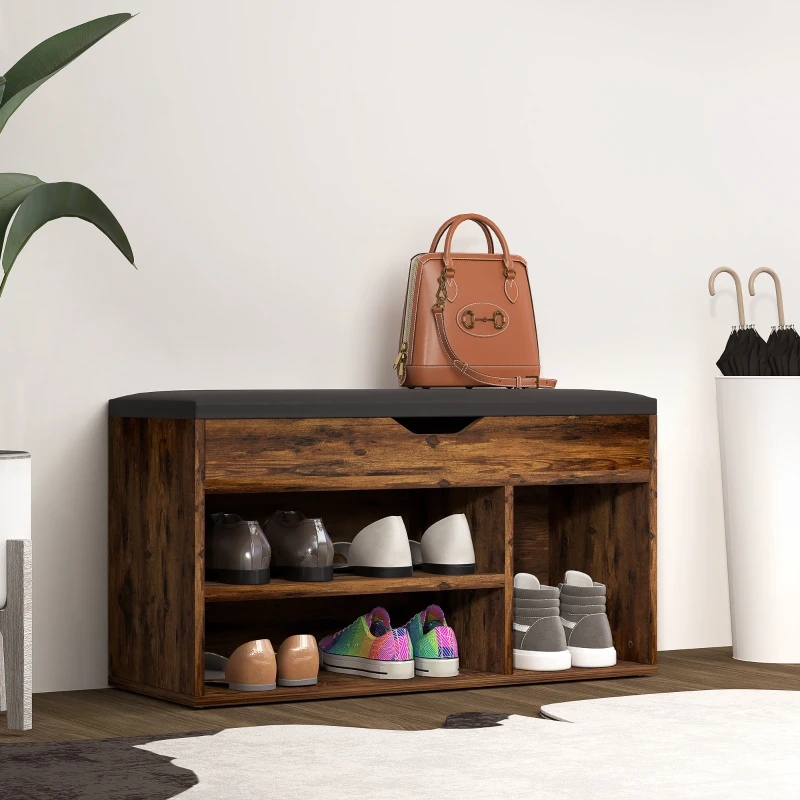 HOMCOM Shoe Bench Entryway Storage Rack with Padded Cushion, Hidden Storage for Hallway, Living Room, Rustic Brown