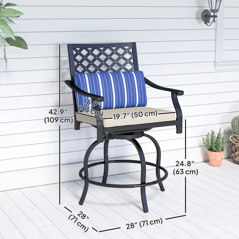 Outsunny Outdoor Bar Stools Set of 2, Bar Height Swivel Patio Chairs with Cushion, Pillow Footrest for Poolside, Backyard