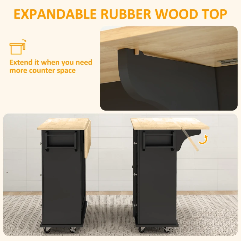 HOMCOM Kitchen Island on Wheels, Kitchen Cart with Drop Leaf, Drawers, Black