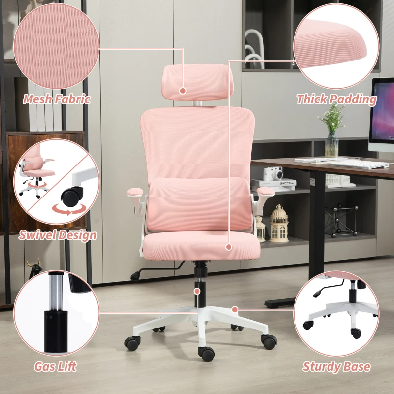 Vinsetto High Back Office Chair, Mesh Computer Desk Chair with Rotatable Headrest, Lumbar Back Support, Adjustable Height, Pink