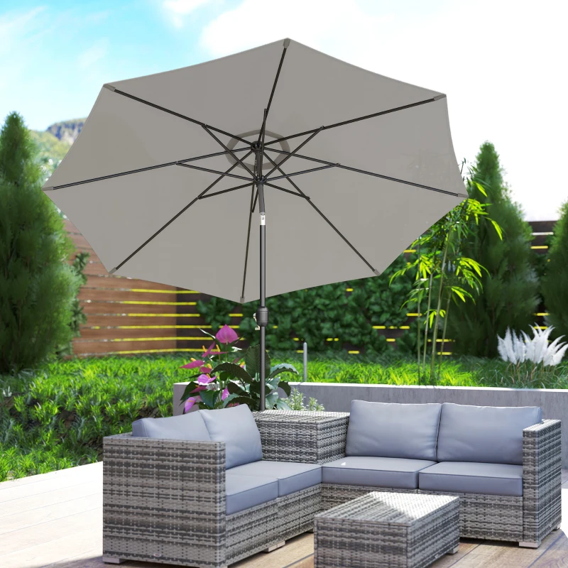 Outsunny 10' x 8' Round Market Umbrella, Patio Umbrella with Crank Handle and Tilt, Outdoor Parasol for Garden, Bench, Lawn, Light Grey