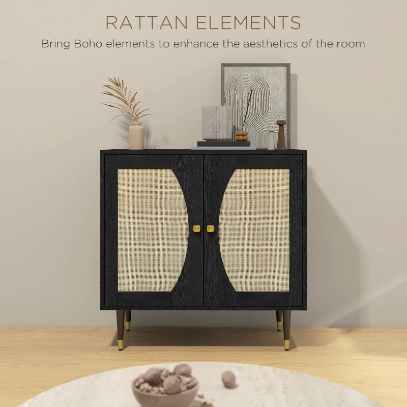 HOMCOM Boho Buffet Cabinet with Adjustable Shelf and Rattan Decorated Doors, TV Cabinet for TV up to 42 Inches, Black