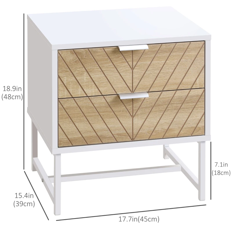 HOMCOM Modern Bedside Table with 2 Drawers and Steel Frame, Sofa Side Table for Bedroom Living Room, White and Oak
