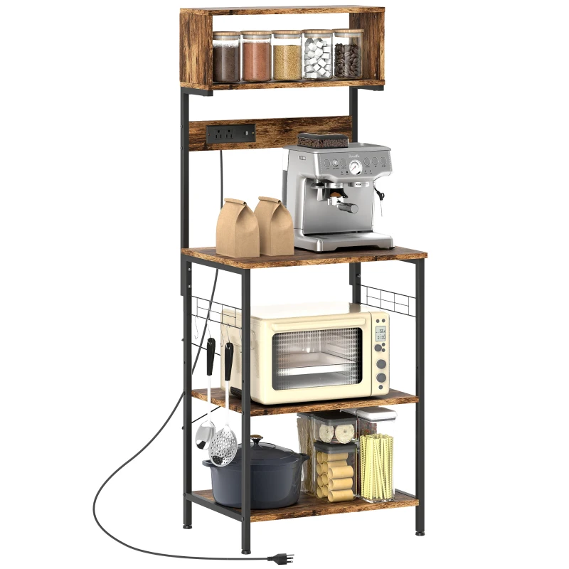 HOMCOM Baker's Rack with Charing Station, Microwave Shelf with Power Outlet, USB Charger and 5 Hooks, Rustic Brown