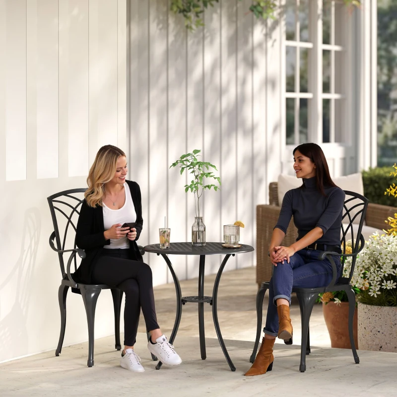 Outsunny 3 Pieces Patio Bistro Set, Cast Aluminum Outdoor Conversation Furniture Set, Coffee Table with Umbrella Hole, 2 Armchairs, Brown