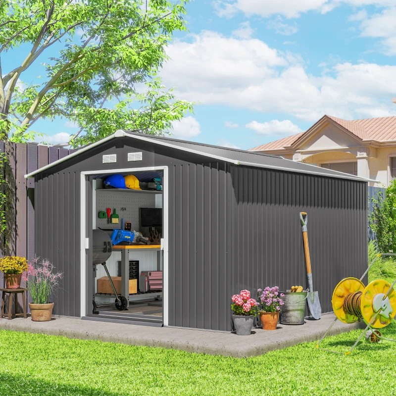 Outsunny 9' x 10.6' Garden Storage Shed w/ Foundation Kit Metal Tool Storage House w/ Double Doors Light Grey