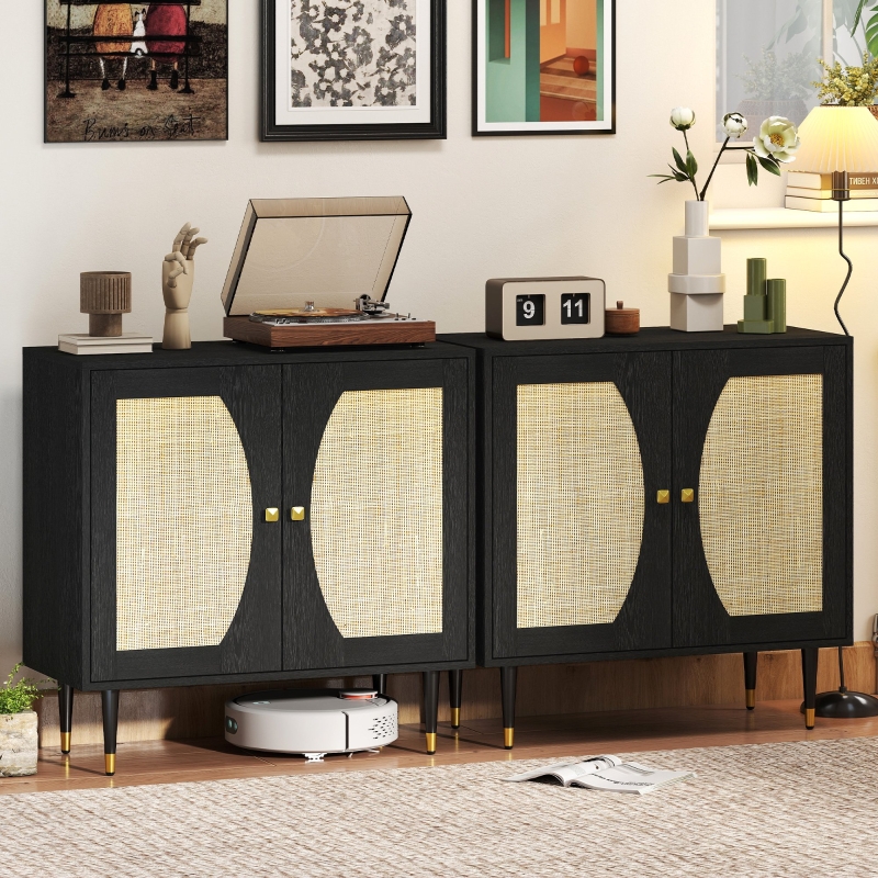 HOMCOM Boho Buffet Cabinet with Adjustable Shelf and Rattan Decorated Doors, TV Cabinet for TV up to 42 Inches, Black