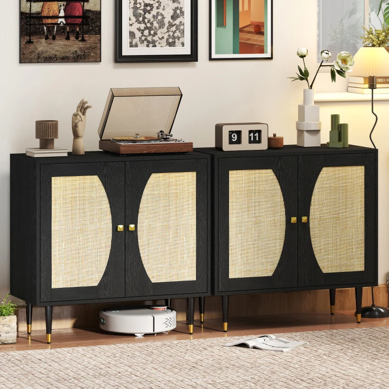 HOMCOM Boho Buffet Cabinet with Adjustable Shelf and Rattan Decorated Doors, TV Cabinet for TV up to 42 Inches, Black