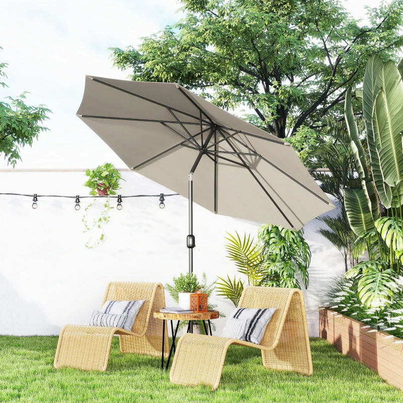 Outsunny 10' x 8' Round Market Umbrella, Patio Umbrella with Crank Handle and Tilt, Outdoor Parasol for Garden, Bench, Lawn, Light Grey