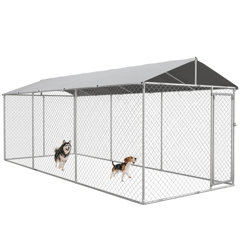 PawHut 19.7' x 7.5' x 7.5' Large Outdoor Dog Kennel Tall Dog Run with Waterproof , UV Resistant Cover, for Large Dogs, Silver
