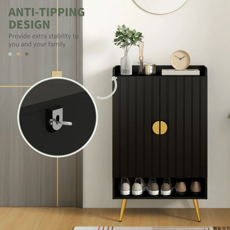 HOMCOM Entryway Shoe Storage Cabinet, Narrow Shoe Cabinet with Adjustable Shelves and Open Shelf for 15 Pairs of Shoes, Black