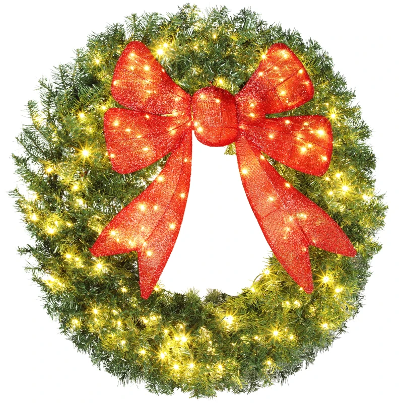 HOMCOM 48in Pre-Lit Christmas Wreath with 3D Red Bow, 11 Lighting Modes, Front Door Christmas Wreath with Remote