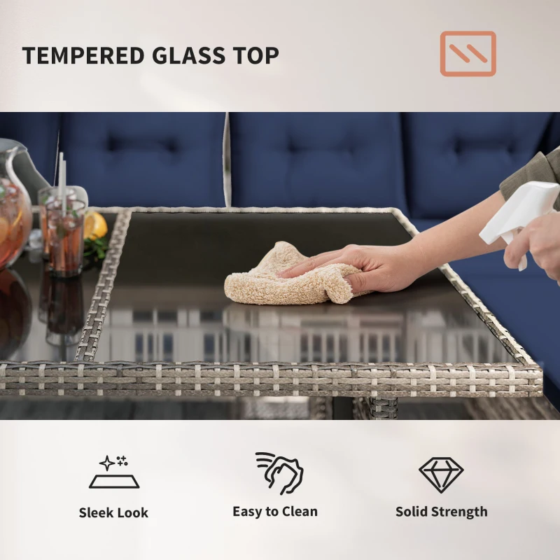 Outsunny 6pcs Outdoor Rattan Sofa Set Garden Wicker Sectional Couch Furniture Set with Dining Table and Chair Sky Blue