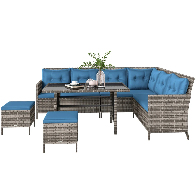 Outsunny 6pcs Outdoor Rattan Sofa Set Garden Wicker Sectional Couch Furniture Set with Dining Table and Chair Blue