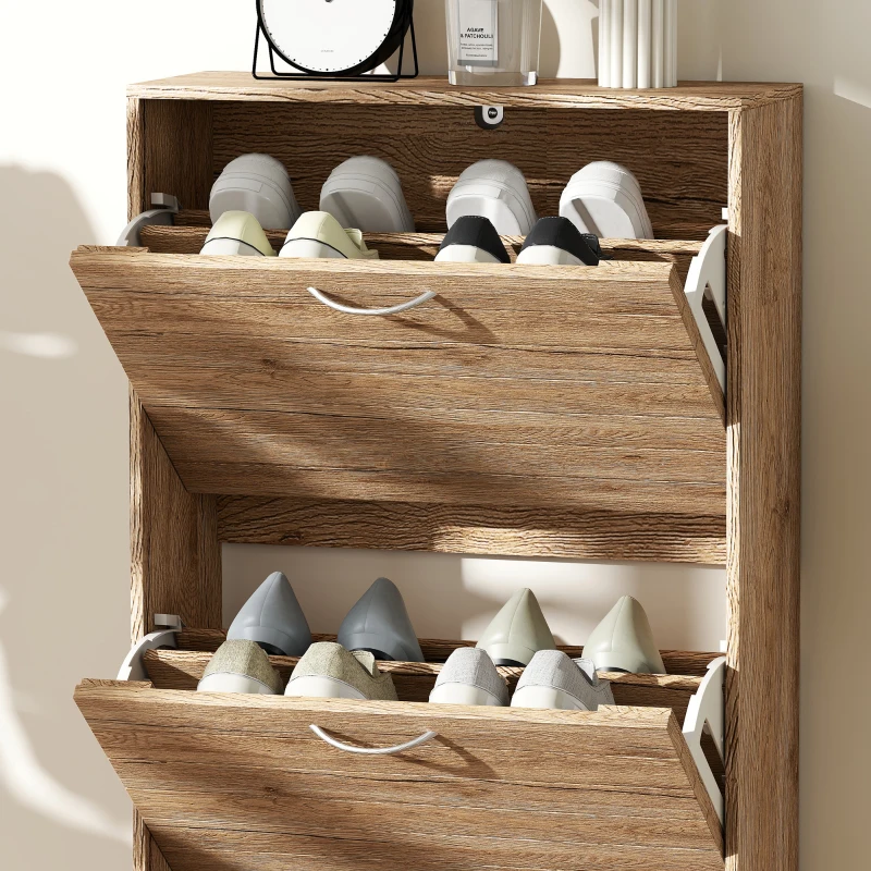 HOMCOM Shoe Storage Cabinet with 3 Flip Drawers, Narrow and Slim, 12 Pair of Shoes Organizer for Hallway, Entryway, Oak