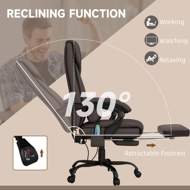 Vinsetto 6-Point Vibration Massage Chair, Height Adjustable Reclining Computer Chair with Retractable Footrest, Brown