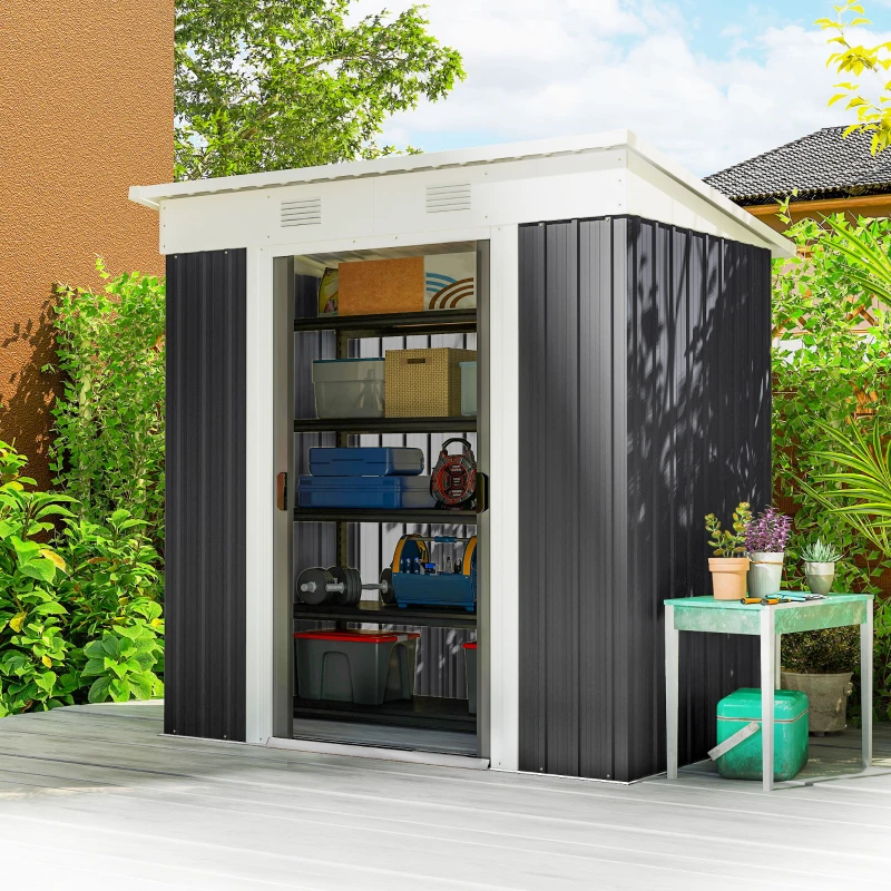 Outsunny 6' x 4' Outdoor Storage Shed, Metal Garden Tool Storage House Organizer with Lockable Sliding Doors and Vents for Backyard Patio Lawn, Charcoal Grey