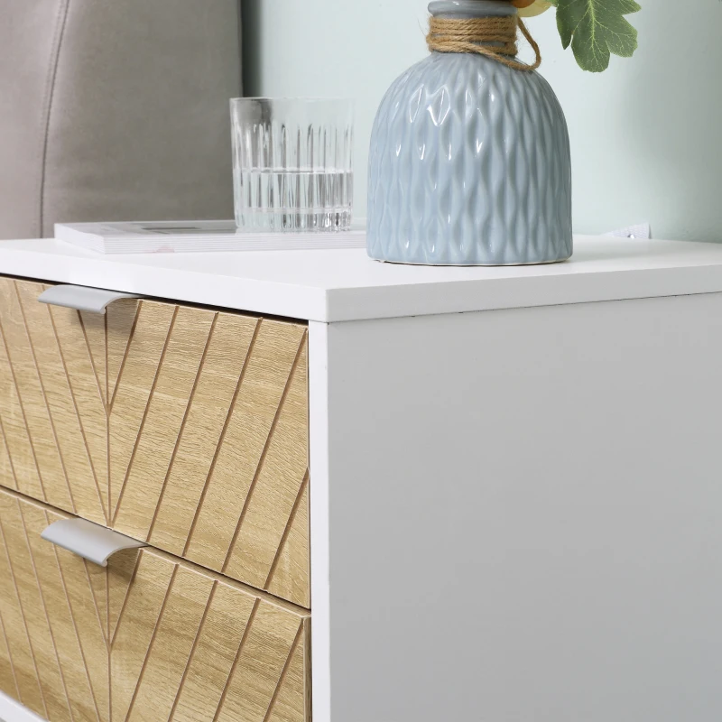 HOMCOM Modern Bedside Table with 2 Drawers and Steel Frame, Sofa Side Table for Bedroom Living Room, White and Oak