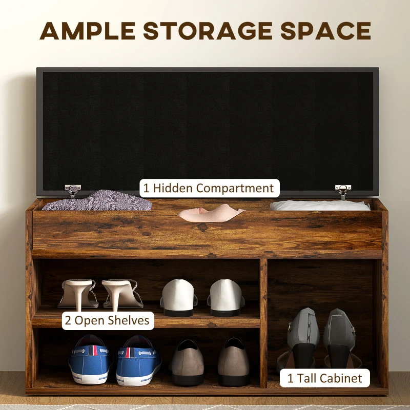 HOMCOM Shoe Bench Entryway Storage Rack with Padded Cushion, Hidden Storage for Hallway, Living Room, Rustic Brown