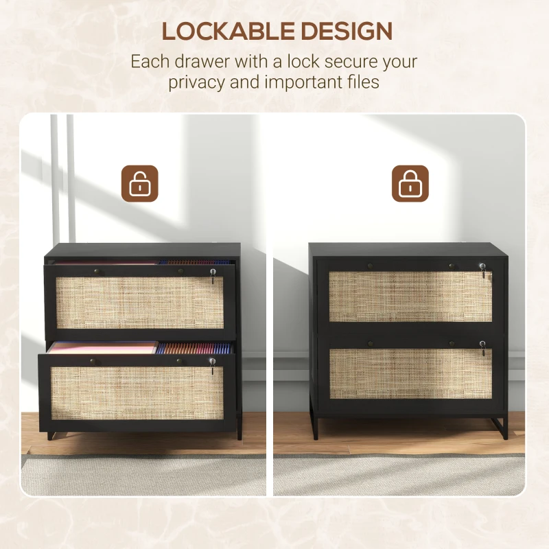 Vinsetto 2-Drawer Filing Cabinet with Lock, Rattan File Cabinet with Adjustable Hanging Bar, Black