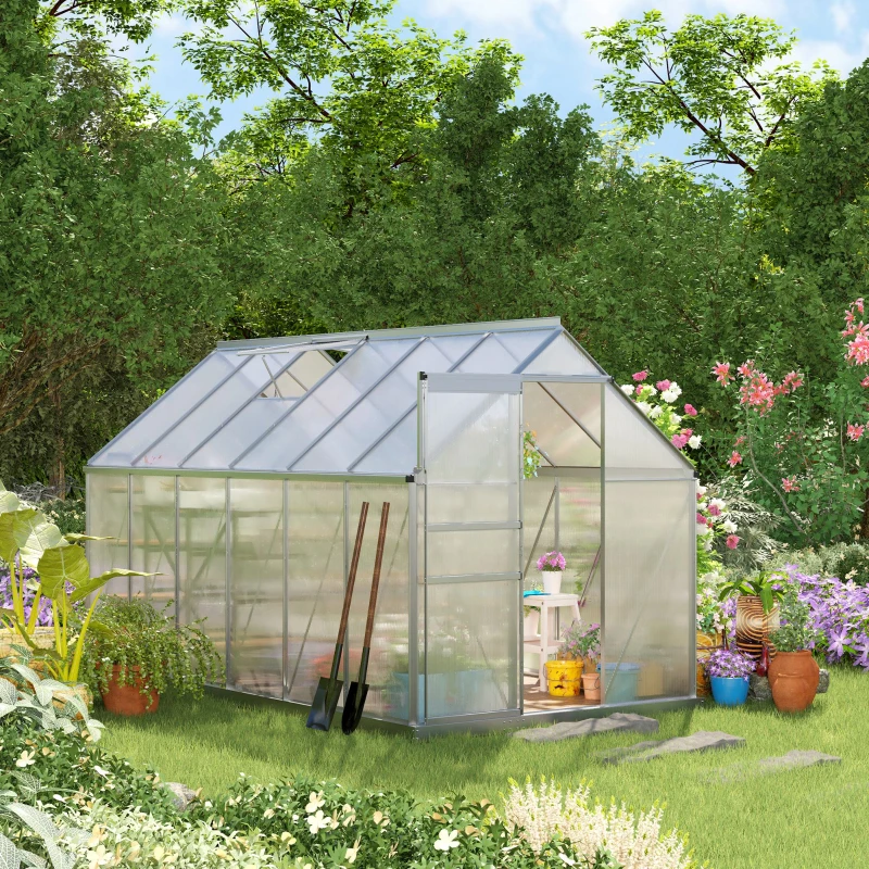 Outsunny 6' x 12' x 6.5' Walk-in Greenhouse, Polycarbonate Greenhouse with Adjustable Roof Vent, Base, Sliding Door, Clear
