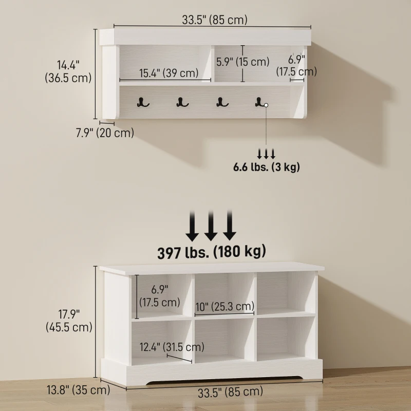 HOMCOM Coat Rack Shoe Bench Set, Entryway Shoe Bench with 8 Storage Cubbies, 4 Hooks for Hallway, Living Room, White